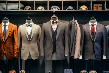  rack of suits and ties in a store. The suits are in various colors and styles, and the ties are in different patterns and colors. Scene is that of a professional and polished appearance