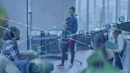 Poster - Business meeting in office with network of connections and data processing animation