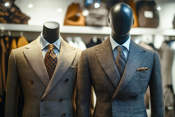 Wall Mural - Two mannequins wearing suits and ties are displayed in a store. The mannequins are dressed in a business suit and tie, and the store is well lit