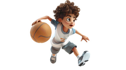 An elementary school boy practicing basketball, 3d rendering, cartoon stlye,  transparent background, png file, Generative AI illustrations.	
