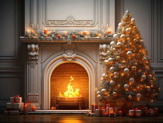 Wall Mural - White room interior in red tones with new year tree decorated, present boxes and artificial fireplace