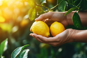  person is holding a lemon in their hand. The lemon is yellow and is hanging from a tree