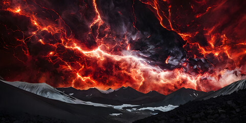 Flames and fire flashes over mountain landscape. Abstract background.