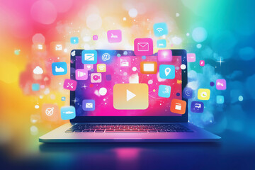 Aufkleber -  laptop screen is filled with various icons and a video is playing. Concept of a busy and connected world, with people constantly communicating and sharing information through technology