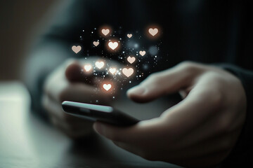 Poster - person is holding a cell phone with a heart symbol on it. The heart symbol is surrounded by a lot of other heart symbols, creating a romantic and affectionate atmosphere