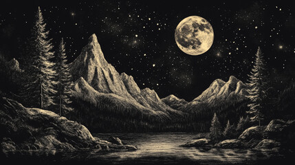 Wall Mural - a captivating drawing featuring a serene nighttime landscape, set against a deep black background. i