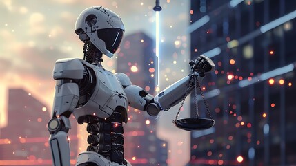 Poster - Futuristic robot holding a scale of justice in a city skyline.