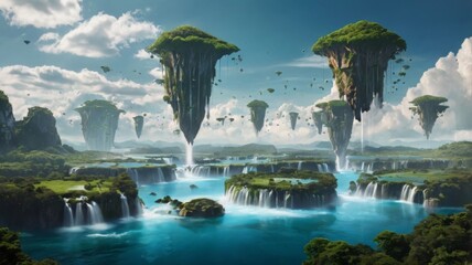 A surreal landscape where floating islands hover in the sky, connected by shimmering waterfalls, with fantastical creatures roaming below