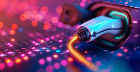 A close-up of a futuristic electric charging cable plugged in, surrounded by vibrant, colorful lights and a high-tech ambiance.