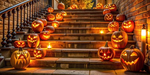 Wall Mural - Jack-o'-Lanterns illuminating decorated Halloween stairs, Jack-o'-lantern, pumpkin, Halloween, decor, stairs, illuminated