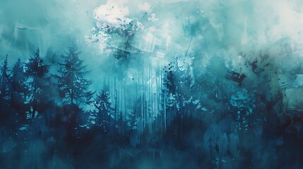 Wall Mural - abstract painting showcasing a forest with trees silhouetted against a blue sky with fog or mist, a 