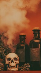 A mysterious set of potion bottles arranged on a wooden shelf each labeled with eerie names like Witchs Brew and Ghostly Mist The bottles are surrounded by dried herbs bones and a skull candle