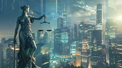 Wall Mural - statue of Lady Justice holding scales of justice stands overlooking a modern city at night, illuminated by bright lights.