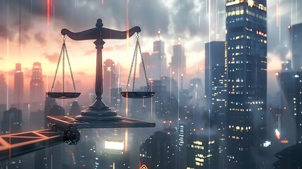 Wall Mural - Scales of justice balanced high above a futuristic cityscape at sunset. This artwork explores the concept of justice in a modern and technological setting.