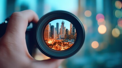 Poster - A camera lens focusing on a hand drawn illustration of a cityscape, with the reflection in the lens creating a distorted and abstract view of the artwork, highlighting the creative potential of