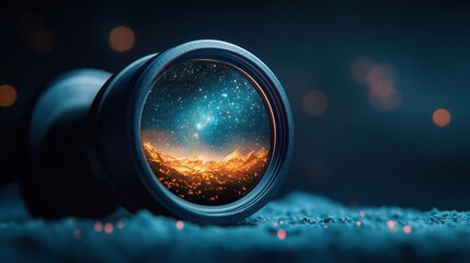 Poster - A telescope focused on a distant star, with the reflection in the lens showing a hand drawn illustration of a celestial map, showcasing the wonders of the universe.