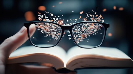 Poster - A pair of glasses reflecting a hand drawn illustration of a book, creating a blurred and fragmented view of the artwork, emphasizing the idea of perception and perspective.