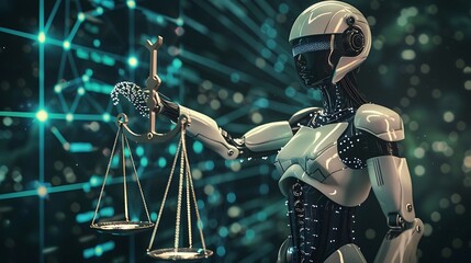 Poster - Robot holding a scale of justice symbolizing AI in the legal system.
