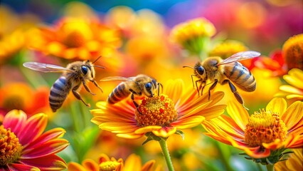 Bees gathering bright yellow pollen from colorful flowers, bees, gathering, pollen, honey, nature, insects, pollination, flowers