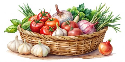 Watercolor painting of a basket of spring vegetables including onions, tomatoes, and garlic, watercolor, painting, basket