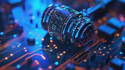 Poster - Futuristic gavel sits atop a circuit board, representing the intersection of law and technology in the digital age.