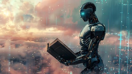 Poster - robot reads a book in a futuristic city. the city is covered in clouds and the robot is bathed in wa