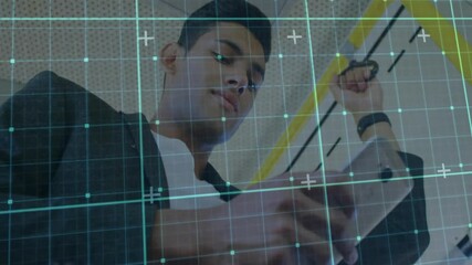 Poster - Grid and data points animation over man holding onto bus handrail