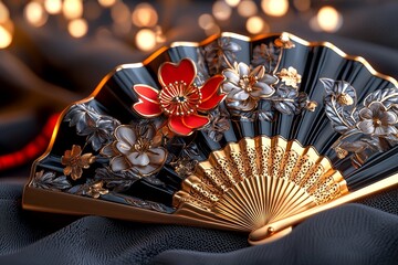 Wall Mural - A 3D Japanese fan with intricate patterns and soft lighting, representing elegance and tradition.