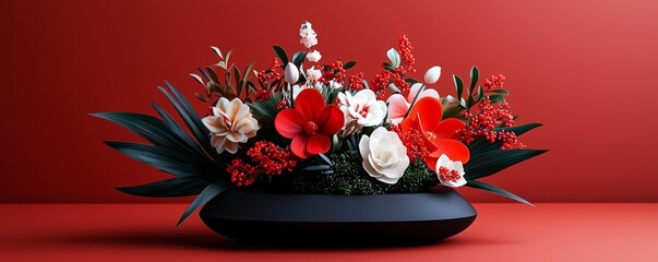 Wall Mural - A 3D Japanese ikebana arrangement with soft colors, representing the art of flower arranging in Japan.