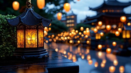 Wall Mural - A 3D Japanese lantern festival with soft glowing lights, symbolizing celebration and tradition.