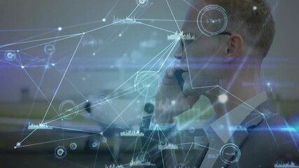 Poster - Man with glasses surrounded by network connections and data processing animation