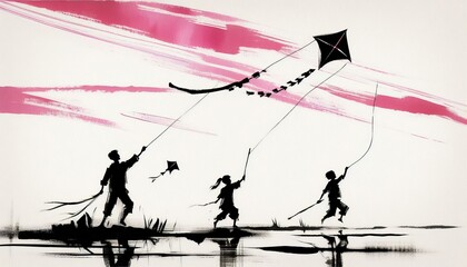 Kids flying kites in Dashain Festival. Vector illustration of children flying kites on the meadow.
