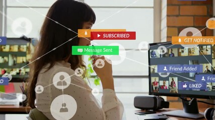 Sticker - Social media notifications animation over woman working on computer in office