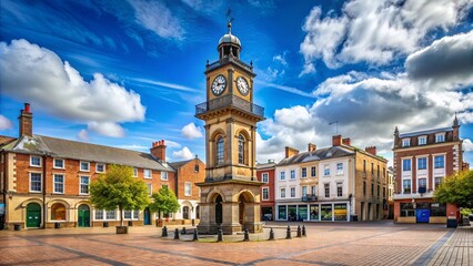 Iconic clocktower in town square surrounded by historic buildings , architecture, landmark, timepiece, cityscape