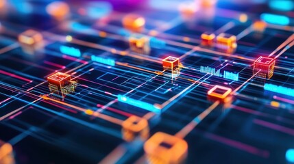 Abstract Network Connection with Glowing Lines and Cubes