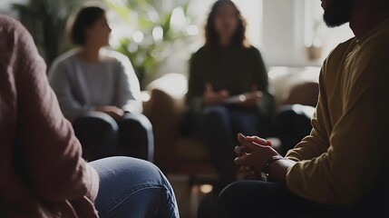 A group of diverse individuals engaged in a discussion, conveying a sense of collaboration and connection in a cozy setting. 