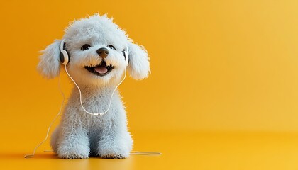 Wall Mural - Cute white dog with headphones listening to music on a yellow background.