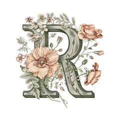 Canvas Print - Floral Letter R Vintage Illustration.