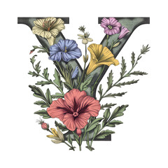 Poster - Floral Letter Y with a Vintage Aesthetic.