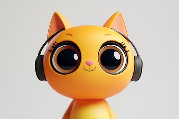 Wall Mural - a cute, orange cat with big eyes and a happy smile wears black headphones.