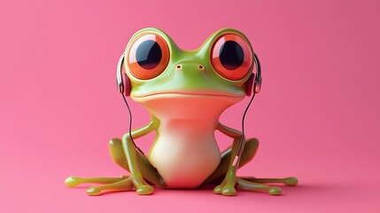 Wall Mural - A cute cartoon frog wearing headphones, sitting on a pink background.