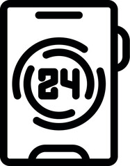 Sticker - Black outline icon representing a smartphone with 24 hours availability symbol, ideal for representing always available services