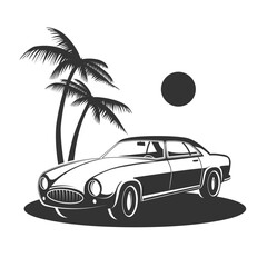 Classic vintage retro car and palms design. Vector silhouette. Design element for logo, sign, emblem. Retro Style.