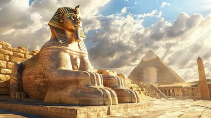 The Sphinx, with the head of a man and the body of a lion, stands guard at the entrance to the ancient ruins and is a symbol of wisdom and protection.