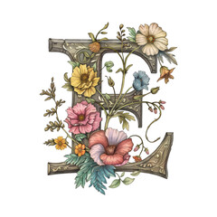 Sticker - Floral Letter E - Vintage Style.