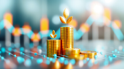 Poster - Stacks of gold coins with green leaves symbolize investment growth. The backdrop features a blurred digital trading graph, highlighting financial trends and opportunities