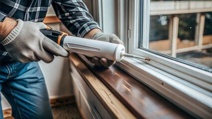 Man in work gloves applying sealant with a caulking gun on a window sill in a home setting