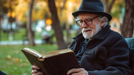 A wise elderly man enjoying a quiet moment in a park while reading a book, surrounded by autumn foliage. 