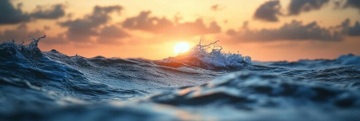 Canvas Print - A breathtaking sunset over the ocean with waves crashing in the foreground. The sun is setting behind a cloudy sky, casting a golden glow over the water. The image symbolizes peace, tranquility, natur