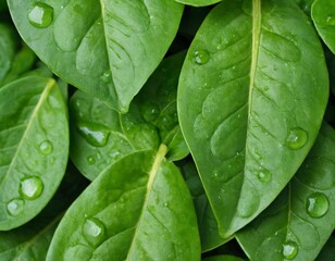 Background from fresh green spinach leaves with water drops. Texture of raw organic baby spinach close up. Food background. Ai generated image